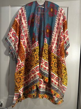 Bohemian Floral Print Kimono Cover-Up in Teal, Mustard & Red